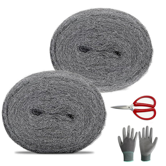 Premium Wire Wool Mice 2 Rolls 22f (6.7 Meter) - Ultra-Fine 0000 Steel Wool for Cleaning, Polishing & Surface Preparation with Scissors and Glove